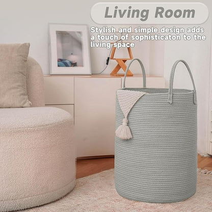 JMvicyroam Large Woven Laundry Basket Hamper,80L Cotton Rope Storage Bin for Blankets,Toys and Clothes,Decorative Tall Nursery Hamper for Living Room,Baby Nursery,Bathroom and Bedroom,Grey