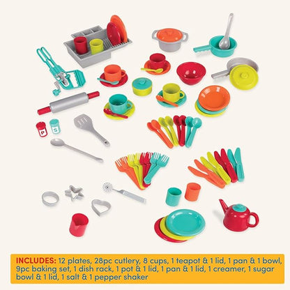 Battat – Toy Kitchen Set – 71Pc Pretend Cooking Accessories – 4 Table Settings & Cutlery – Dishwasher Safe & Worry-Free – 2 Years + – Deluxe Kitchen Playset