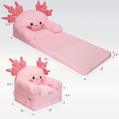 MONKISS 2-in-1 Toddler Couch Chair Comfy, Kids Chair Couch, Mini Couch, Flip Out Sherpa Kids Sofa, Baby Couch, Chair for Toddlers 1-3, Kids Lounge Chair Reading Chair, Kids Couch Bed Fold Out, Axolotl