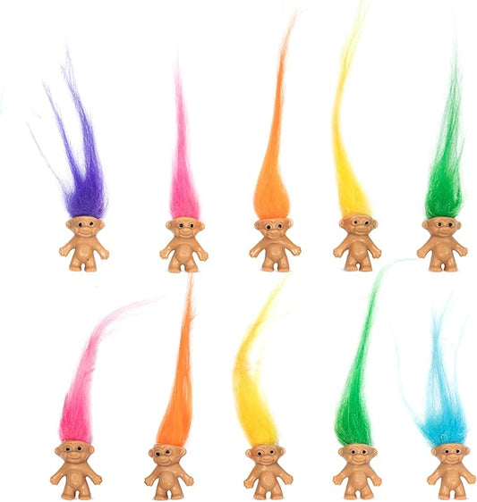 10 PCS Long-haired Lucky Mini Troll Dolls, Assorted Hair Colors, 0.78" Bodies, 2" Hair. Cake Toppers, Action Figures, School Project, Arts and Crafts, Party Favors