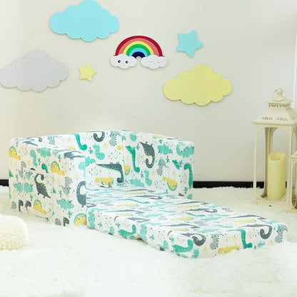 ALIMORDEN 2-in-1 Flip Out Cuddly Sherpa Toddler Couch, Convertible Sofa to Lounger, Dinosaur