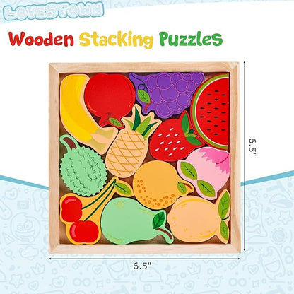 LovesTown 12PCS Fruit Shape Puzzles, Educational Toy Wooden Chunky Jigsaw Puzzles for Gift