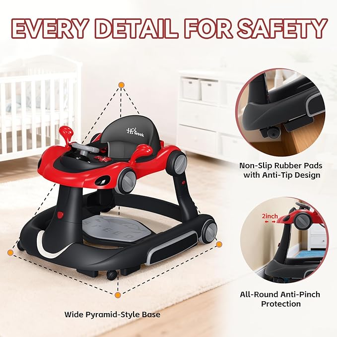 Baby Walker with Wheels, 7-in-1 Foldable Baby Walkers for Boys Girls 6-12 Months with Feeding Tray & Music, Lights,Rocker,Sun Canopy, Bouncing Pedal, Adjustable Wheel Speed, Push Walker (Red)