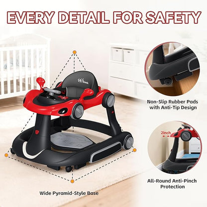 Baby Walker with Wheels, 7-in-1 Foldable Baby Walkers for Boys Girls 6-12 Months with Feeding Tray & Music, Lights,Rocker,Sun Canopy, Bouncing Pedal, Adjustable Wheel Speed, Push Walker (Red)