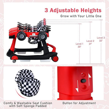 GLACER Foldable Baby Walker, 4-in-1 Infant Walker with Adjustable Height & Speed, Music, Light, Steering Wheel & Washable Cushion, Baby Walker Activity Center for Boys Girls 6 –18 Months (Red)