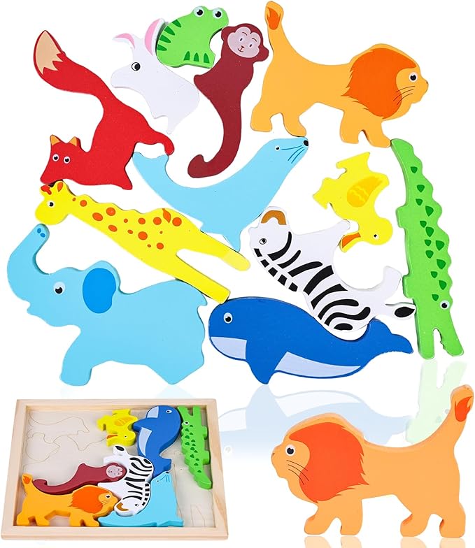 LovesTown 12PCS Wooden Stacking Puzzles, Animal Chunky Jigsaw Puzzles Educational Toys for Kids Gift