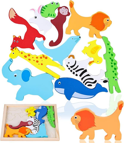 LovesTown 12PCS Wooden Stacking Puzzles, Animal Chunky Jigsaw Puzzles Educational Toys for Kids Gift