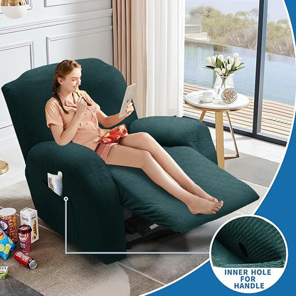 XINEAGE 4 Pieces Recliner Cover Stretch Jacquard Recliner Chair Covers Soft Recliner Slipcovers with Pocket for Kids and Pets, Washable Couch Cover (Recliner, Blackish Green)