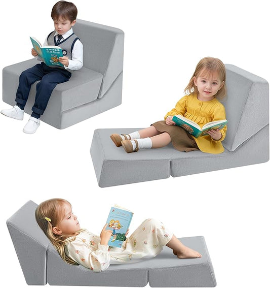 MeMoreCool Toddler Couch Fold Out Sofa Bed, Kids Lounge Chair Foldable Floor Lounger, 3-in-1 Folding Children Chair Bed, Pull Out Recliner for Toddlers 1-3, Grey