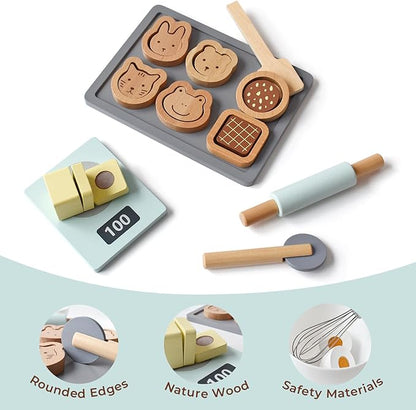 PairPear Wooden Toy Cookies and Baking Set,Kids 28 Pieces Play Food Toy Kitchen Playset,Pretend Play Kitchen Accessories Gift for Boys and Girls 3 Years and up