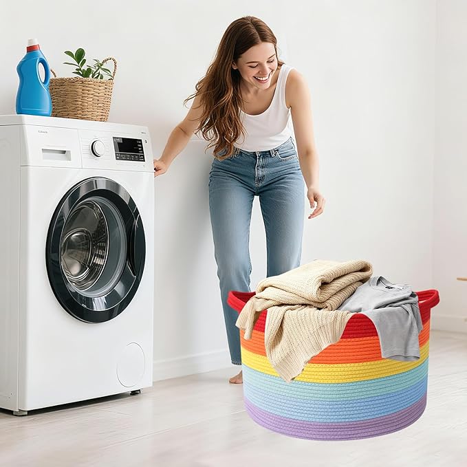 90L Large Blanket Basket,21.7"L x 21.7"W x 13.8"H Rope Woven Baskets with Handles, Toys Storage Bins,Laundry Basket Perfect for Living Room, Nursery,Bedroom,Home Organization,Rainbow