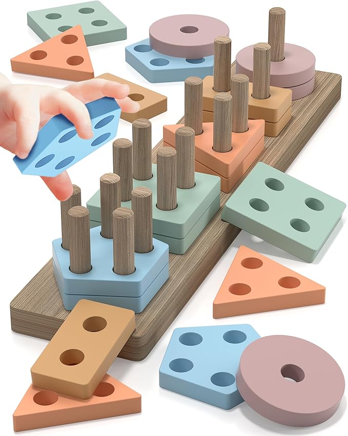 Montessori Toys for 1 2 3 Year Old Boys Girls Toddlers, Wooden Sensory Toys for Ages 2-4 0-2, 1 2 Year Old Boy Girl Birthday Gifts, Educational Toddler Learning Puzzles Toys - Macaron
