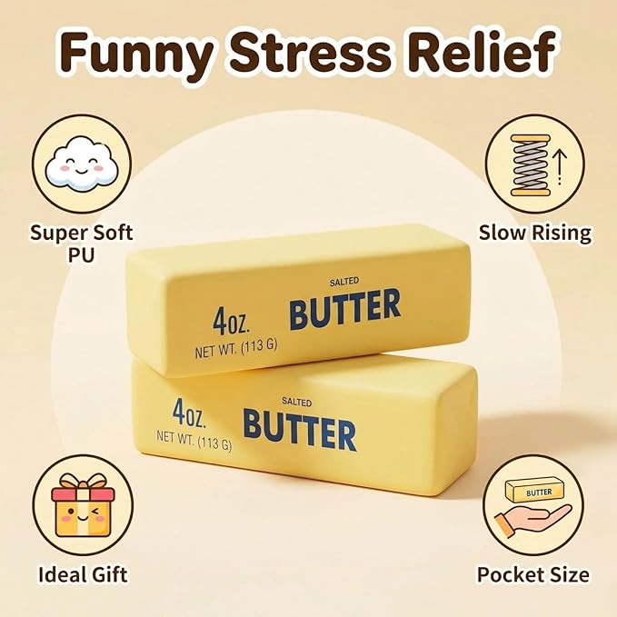 Slow Rebound Cute Butter Squeeze Stress Balls, 2026 New Squeeze Ball Realistic Butter Stick Soft Squeeze Toys, Upgrade Stress Relief Fidget Toys Wet Slow Rebound Stress Relief Toy (1, Yellow) (2Pcs)