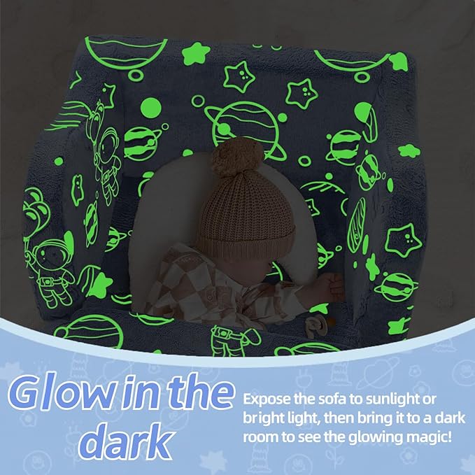 MeMoreCool Toddler Fold-Out Chair for Girls Boys, Glow-in-The-Dark Folding Baby Couch, Convertible Plush Recliner Lounger for Kids Playroom (Glowing Astronaut)