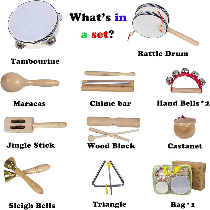 Wooden Musical Instruments Set for Toddlers 1-3, Natural Wood Percussion Instruments Xylophone Gift Set for Girls Boys Kids ,Preschool Educational Musical Toys with Storage Bag (Log Color)