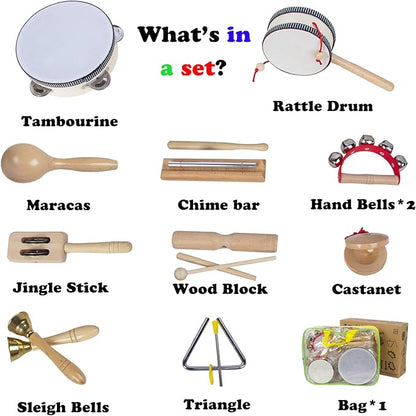 Wooden Musical Instruments Set for Toddlers 1-3, Natural Wood Percussion Instruments Xylophone Gift Set for Girls Boys Kids ,Preschool Educational Musical Toys with Storage Bag (Log Color)