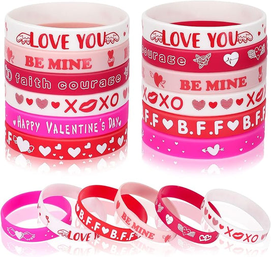 JUNEBRUSHS 24pcs Valentine's Day Party Favors Silicone Bracelets Red Pink Love Heart Wristbands for Kids Adults Valentine's Day Party Decorations Gift (6 Designs)