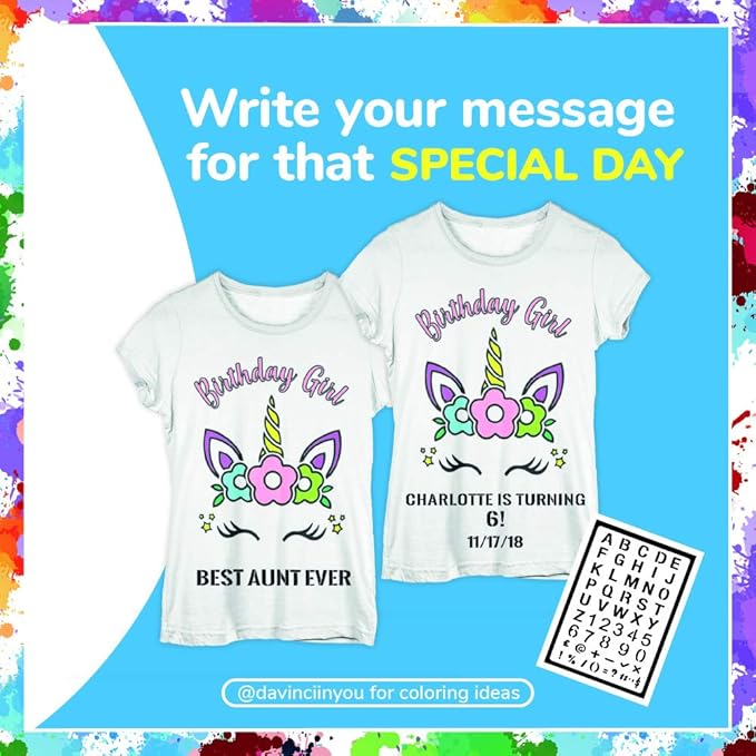 Coloring Shirt for Girls - Kit with 10 Fabric Markers and Alphabet Stencil (Birthday Unicorn, 6/7)