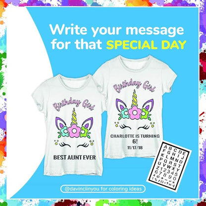 Coloring Shirt for Girls - Kit with 10 Fabric Markers and Alphabet Stencil (Birthday Unicorn, 6/7)