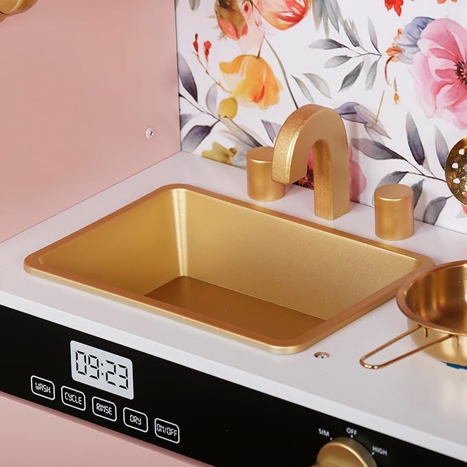 Wooden Play Kitchen Toy Set with Light, Kids Children Pretend Toy Kitchen Playset, Sink Play Toy Oven with Microwave,Toddler Cooking Set Toy for Ages 3+Baby Girls Boys (Pink)