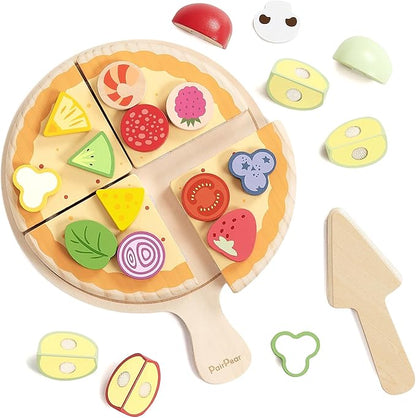PairPear Wooden Pizza Toy Cutting Play Food Set, Kids Pretend Play Kitchen Accessories, Wooden Kids Kitchen Playset, Pizza Making Toy Set Cooking Gifts for Boys Girls Age 3+