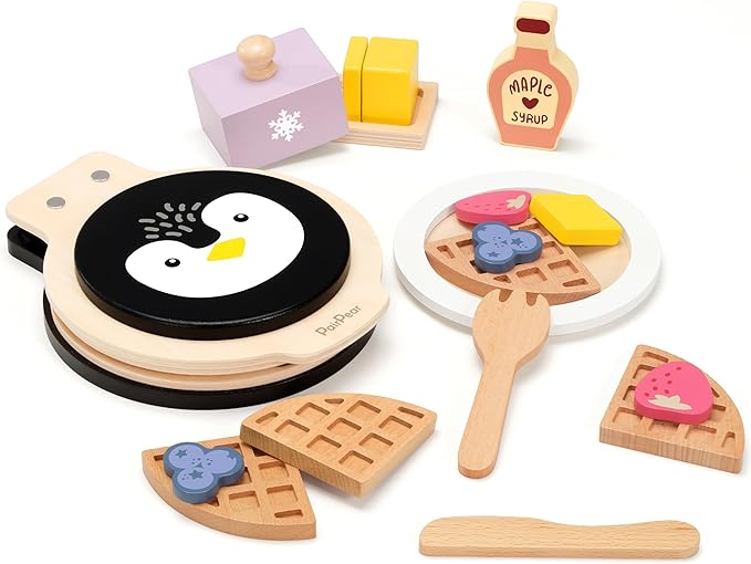 PairPear Wooden Waffle Maker Toy Food Playset, Kids Pretend Play Food Kitchen Accessories, Wooden Cooking Toy Baking Playset, Toddler Play Breakfast Brunch Tea Sets Cutting Food Gift for Girls Boys 3+