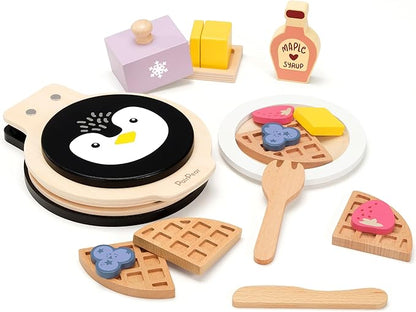 PairPear Wooden Waffle Maker Toy Food Playset, Kids Pretend Play Food Kitchen Accessories, Wooden Cooking Toy Baking Playset, Toddler Play Breakfast Brunch Tea Sets Cutting Food Gift for Girls Boys 3+