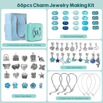 Charm Bracelet Making Kit, Kid Jewelry Making Kit for Girls 8-12, Unicorn Craft Kits for Teen Girls Toys Ages 3-10 Years Old Girl Gifts Trendy Stuff Birthday Christmas Gift with Initial Jewelry Box- W