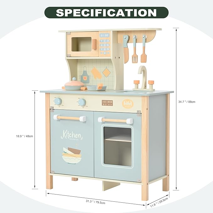 Play Kitchen for Toddlers, Kids Kitchen Playset Toy Kitchen Set, Toddler Kitchen Playset Wooden with with Faucet, Oven, Cookware Accessories