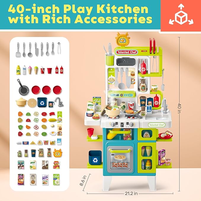 CUTE STONE Kids Kitchen Playset, Play Kitchen for Toddlers, Play Sink with Manual Faucet, Cooking Stove with Steam, Sound and Light, Play Kitchen Accessories, Pretend Toy Kitchen Set for Kids, 40" H