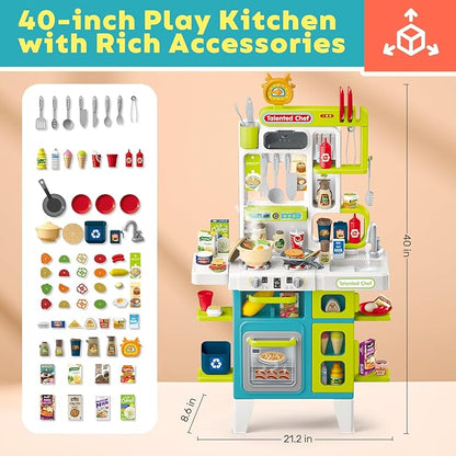 CUTE STONE Kids Kitchen Playset, Play Kitchen for Toddlers, Play Sink with Manual Faucet, Cooking Stove with Steam, Sound and Light, Play Kitchen Accessories, Pretend Toy Kitchen Set for Kids, 40" H