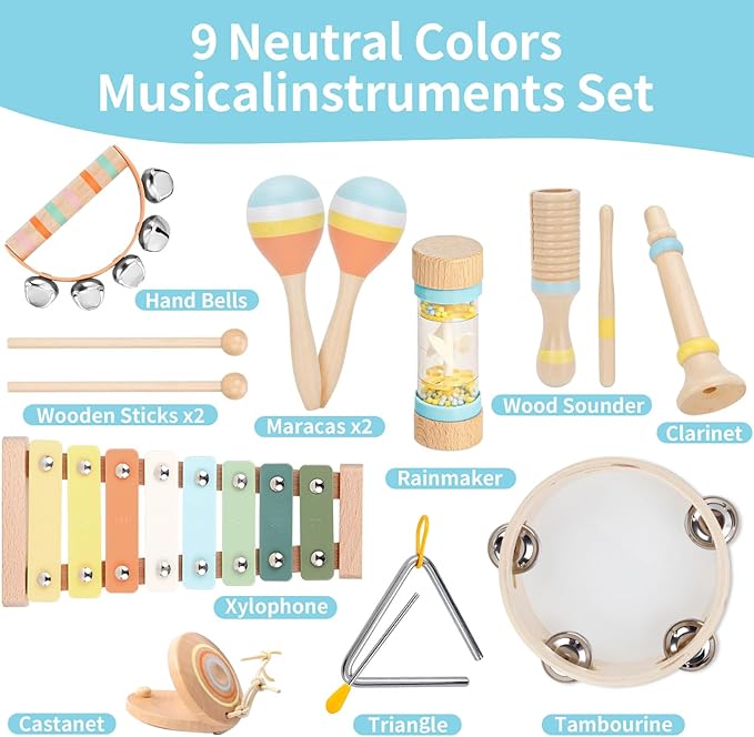ZJEFUNS Baby Musical Instruments Set Wooden Montessori Toys for Toddlers 1-3 Percussion Instruments Set Modern Boho Music Toys for Kids Preschool Educational.