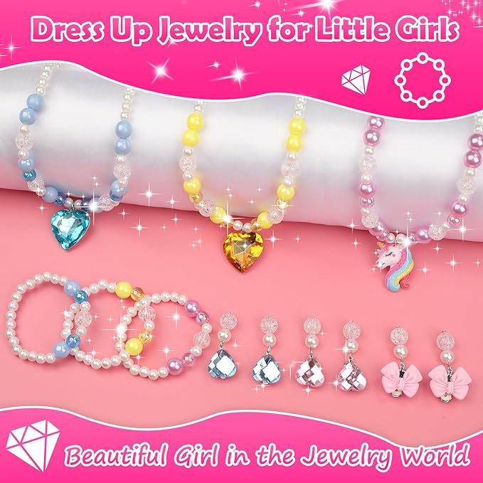 Kids Jewelry Toys for Girls Age 3 4 5 6 7 8 9 10, Toddler Dress Up Toy, Pretend Play Jewelry Set, Princess Jewelry with Hair Clips, Hair Ties, Toddler Girl Toys, Christmas Birthday Gifts for Girls