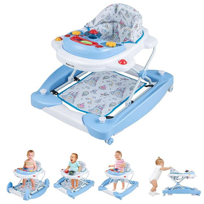 HONEY JOY Baby Walker, 6-in-1 Foldable Baby Walker and Bouncer Combo, Infant Activity Walker with Wheels, Adjustable Heights, Rocker, Music, Lights, Walker for Baby Boy Girl 7-14 Months (Blue)