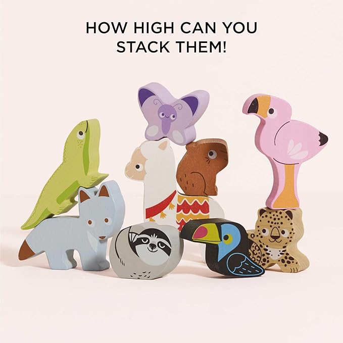 Le Toy Van - Wooden Toys - Andes Stacking & Bag - Petilou Forest Building Blocks Stacker & Bag Educational Balancing Activity Toy - Wooden Blocks Tropical Animal Toys - Kids Toys Age 18 Months +