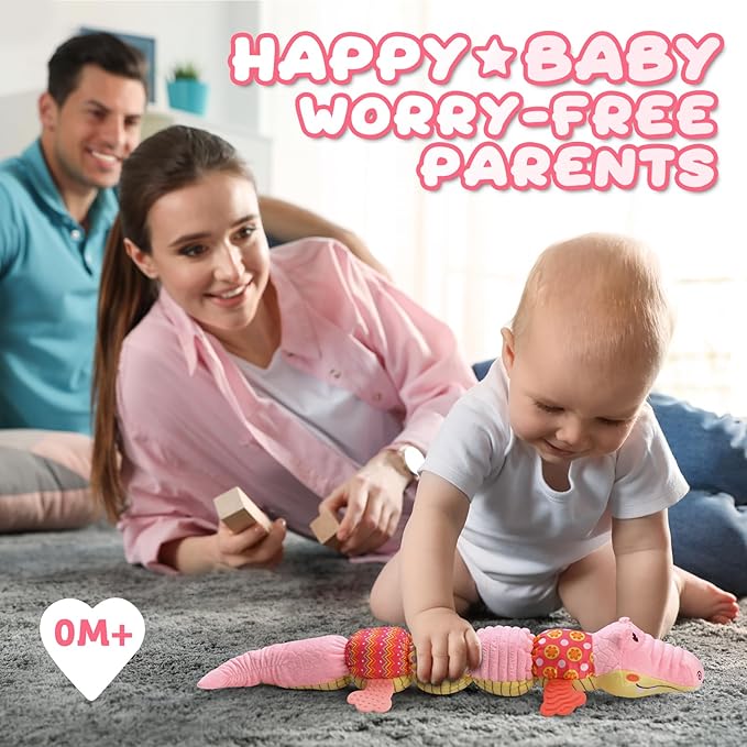 AWOTOY Baby Toys 0 to 12 Months, Musical Stuffed Animal Activity Soft Toys with Multi-Sensory Crinkle, Rattle and Textures,Infant Tummy Time Toys for Newborn Boys Girls, Crocodile, Pink