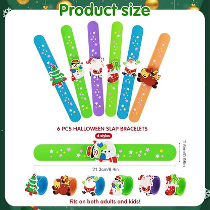 Welkin 6PCS Christmas Slap Bracelets For Kids,Colorful Silicone Bracelet, Soft and Safe Slap Bracelets Party Decorations Favors，Kids Christmas Party Gift