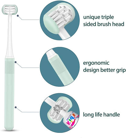 2 Pieces 3 Sided Toddler Toothbrush, Three Bristles for Kids Toothbrush, Autism Soft Bristles Toothbrush,Soft and Gentle for Complete Tooth and Gum Care(C1（Blue+Yellow） Kids)