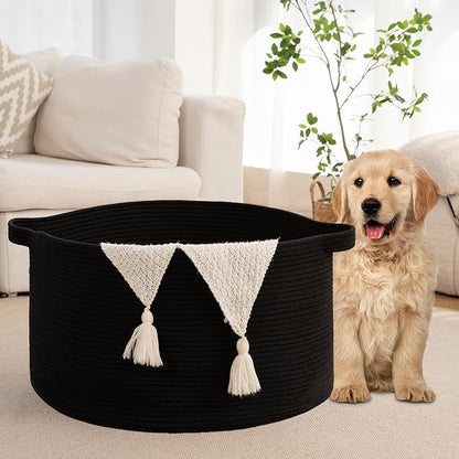 OIAHOMY 105L Blanket Basket for Living Room, Large Basket 23.6" x 23.6" x 14.6" with Handle, Laundry Hamper for Blankets, Pillows, Toy Storage for Kids, Dogs - Black