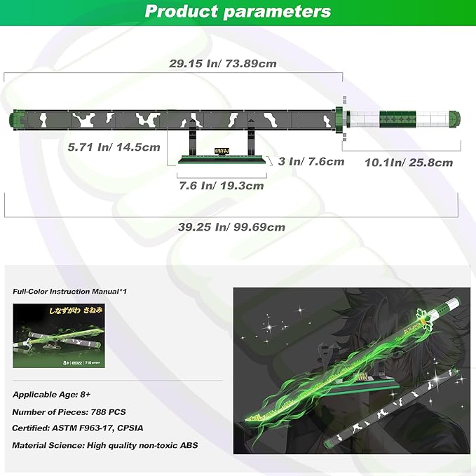 Jorumo Demon Slayer Swords Building Sets for Adults and Kids, 39in Shinazugawa Sanemi Sword Building Block with Scabbard and Stand, Anime Building Toy Katana Demon Slayer Gift, 788 Pcs