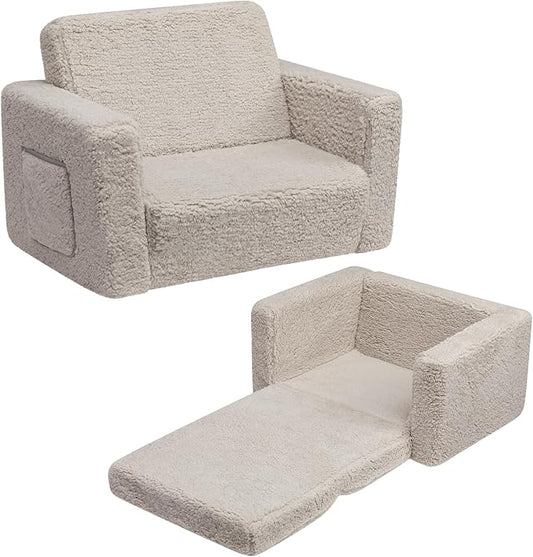 ALIMORDEN 2-in-1 Flip Out Cuddly Sherpa Toddler Couch, Convertible Sofa to Lounger, Light Grey