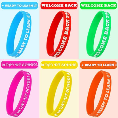 JUNEBRUSHS 42pcs Back to School Party Favors Silicone Bracelets First Day of School Gifts Prize Rubber Wristbands Supplies for School Decorations Accessories Goodie Stuffers Fillers(6 Designs)