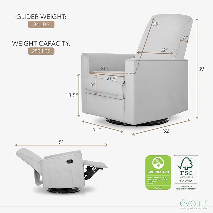 Evolur Raleigh Glider in Grey, Upholstered Plush Seating 360° Swivel Glider Rocking Chair, FSC Certified, Greenguard Gold & JPMA Certified Nursery Glider Recliner