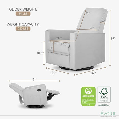 Evolur Raleigh Glider in Grey, Upholstered Plush Seating 360° Swivel Glider Rocking Chair, FSC Certified, Greenguard Gold & JPMA Certified Nursery Glider Recliner