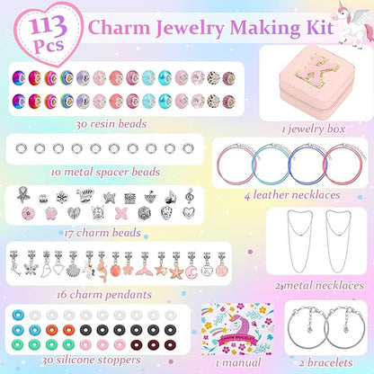 LifeisLuck Charm Bracelet Making Kit - Girls 110 Pcs DIY Charm Jewelry Beads Making Kit, Mermaid Birthday Gifts for Girls Toys Crafts for Little Girls Ages 8-12, with K Initial Travel Jewelry Case