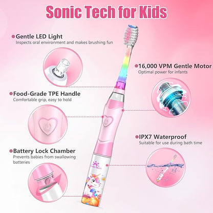 Kids Electric Toothbrush Toddler Toothbrush Age 2-4-8-12 Electric Toothbrush Kids with Timer Rainbow LED Light Up Vibrating Toothbrush Battery Operated Childrens Sonic Tooth Brush (Pink Unicorn)