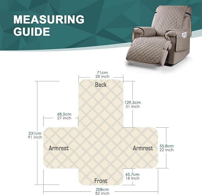 Ruaozz 100% Waterproof Recliner Chair Cover Non-Slip Oversized Reclining Cover for Large Recliner Chair Washable Chair Seat Cover with Elastic Straps for Kids, Dogs, Pets (Pale Brown, 28'')