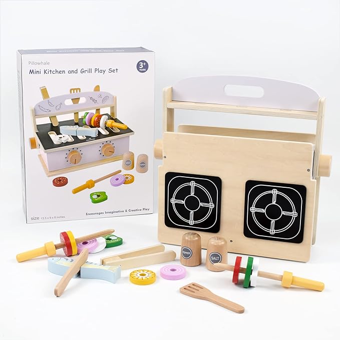Children's Wooden Foldable Portable BBQ Mini Kitchen & Grill Toy,2In1 Kids Toy Grill Stove and Tablekitchen Cooking Set with Accessories for Toddlers Boys Girls Age 3+