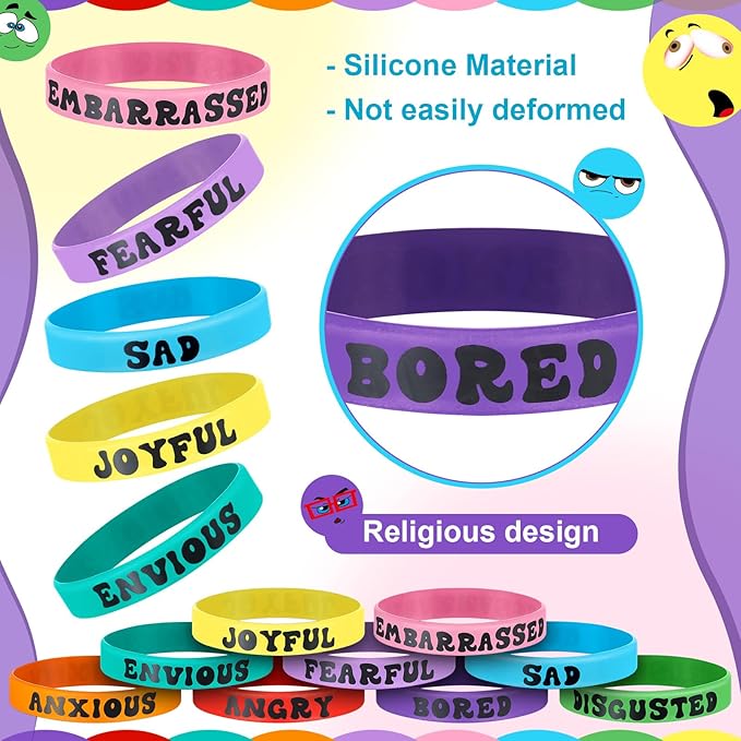 Ecally 90 Pcs Emotional Party Decoration Bracelets Assorted Emoticon Silicone Bracelet Emotional Theme Rubber Wristband Emotional Party Favors Bracelets for Birthday Party Gift Supplies