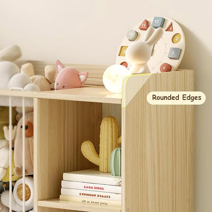 Toy Storage Organizer with Stuffed Animal Storage, Solid Pine Wooden Toy Organizer & Stuffed Animal Zoo, 4 Cubes Shelf with 2 Movable Drawers, 4 -in-1 Book Shelf for Kids Room, Playroom, Nursery
